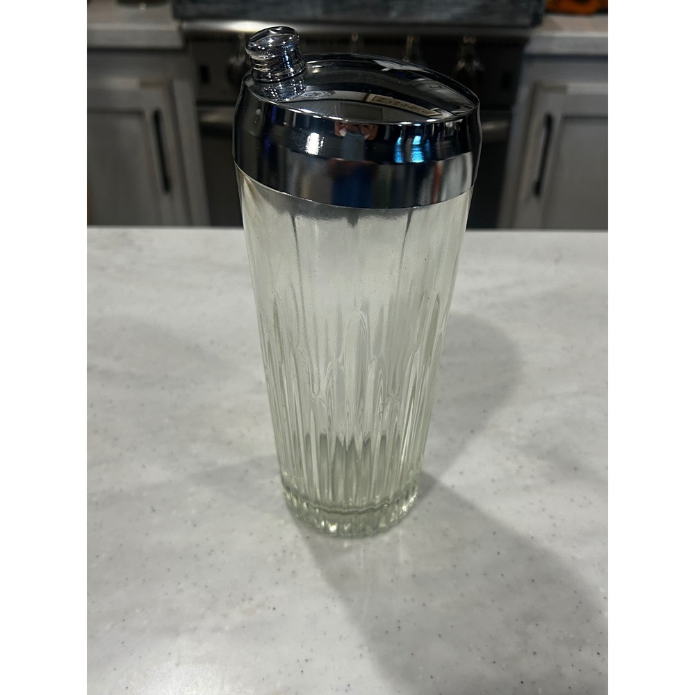 Vintage Ribbed Glass Cocktail Shaker with Chrome Lid and Built-in Strainer 9.5"